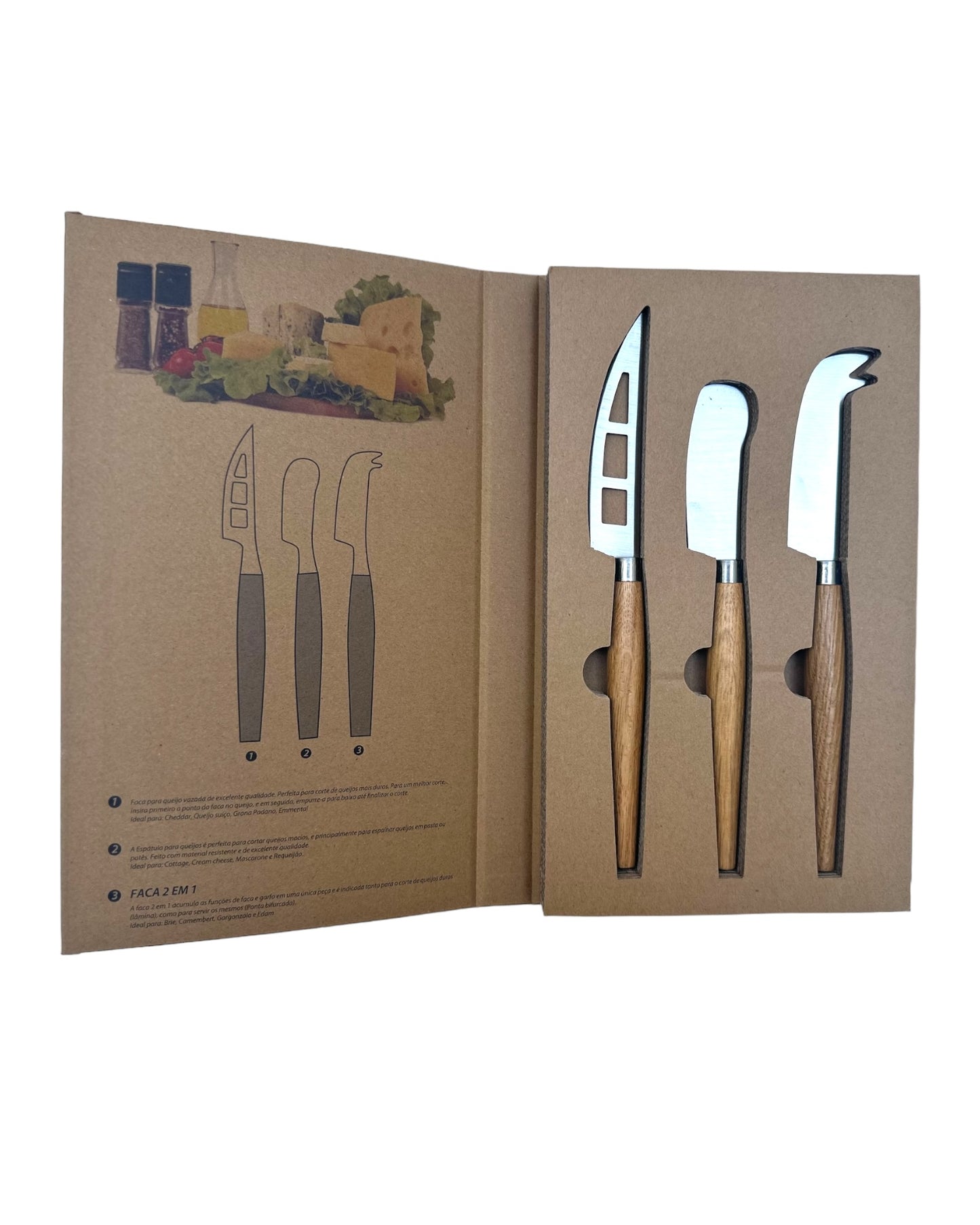 Caixa Kit 3 Peças Para Queijo Madeira