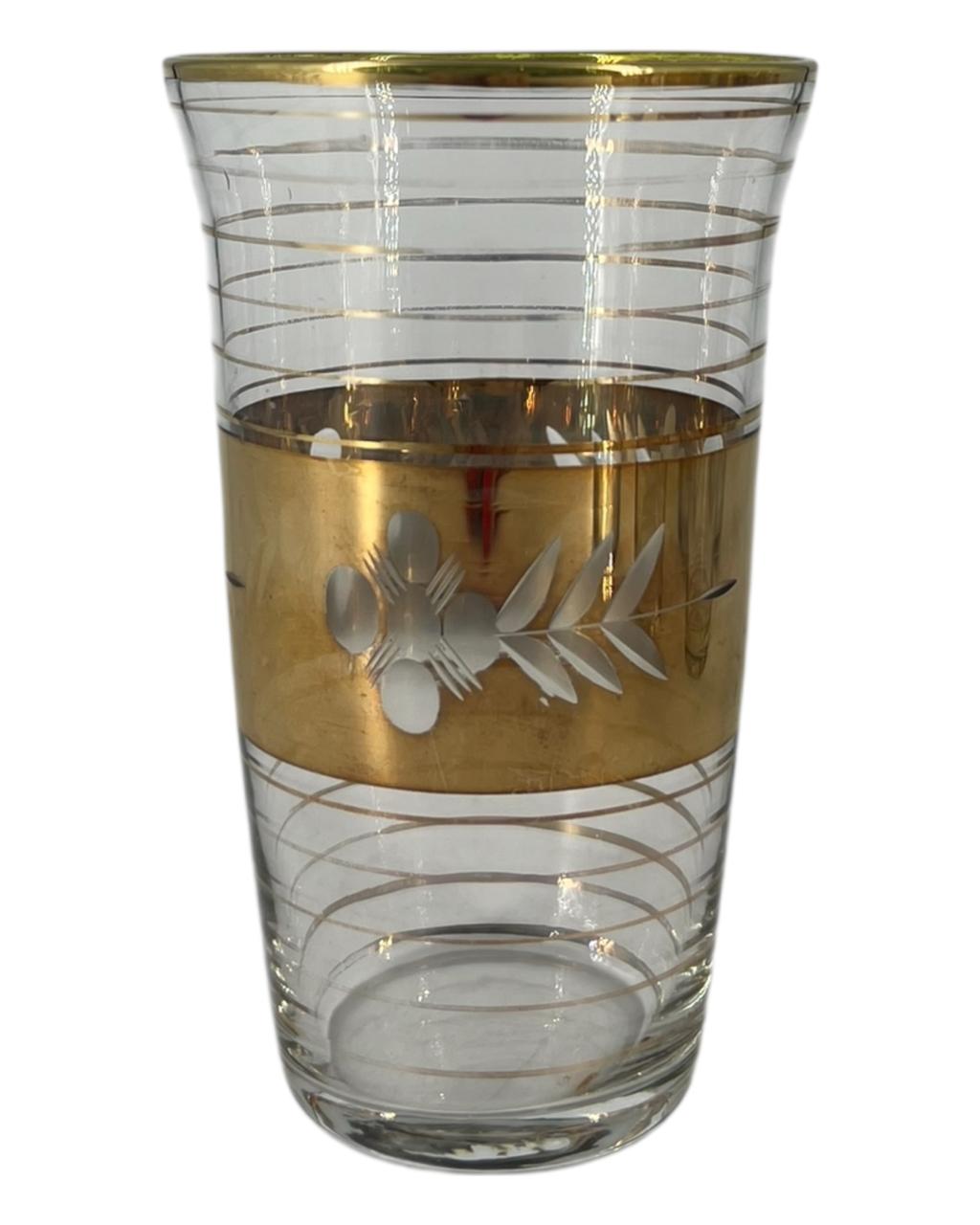 Set de 8 Copos de Vidro Vintage com Faixa Dourada e Design de Folhas