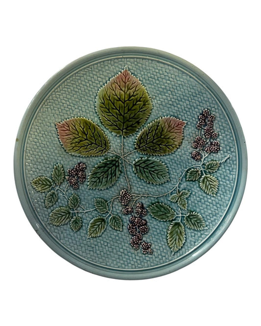 Antigo Grande Prato Majolica Turquesa Floral Alemanha