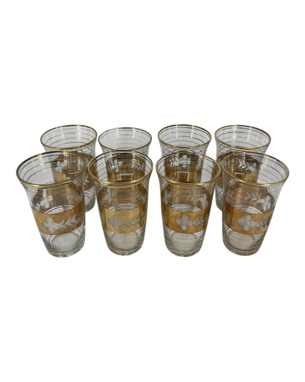 Set de 8 Copos de Vidro Vintage com Faixa Dourada e Design de Folhas
