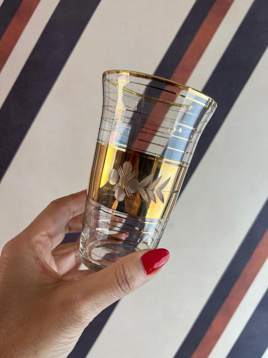 Set de 8 Copos de Vidro Vintage com Faixa Dourada e Design de Folhas