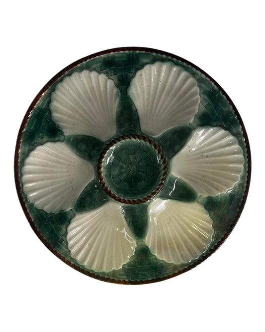Antigo Prato Majolica Com Compartimento Para Ostras Verde